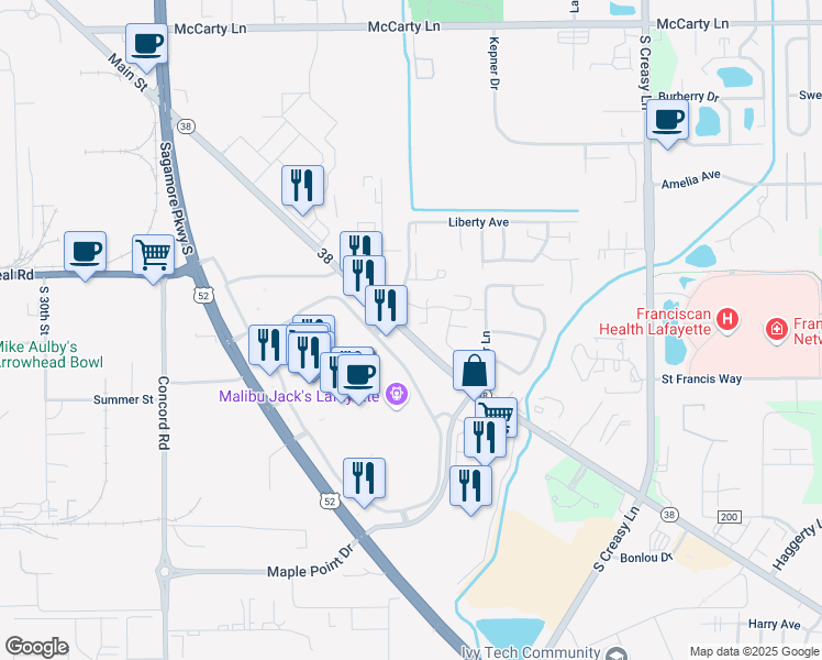 map of restaurants, bars, coffee shops, grocery stores, and more near 3600 State Route 38 in Lafayette