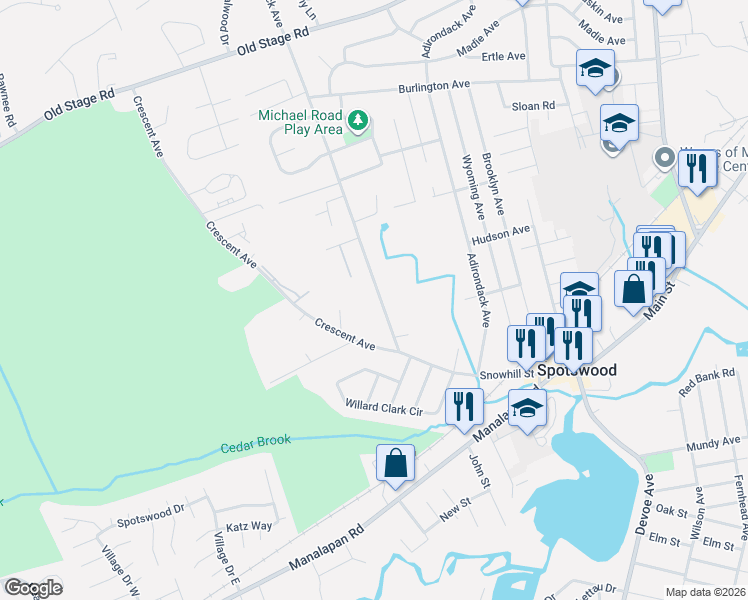 map of restaurants, bars, coffee shops, grocery stores, and more near 46 Brunswick Avenue in Spotswood