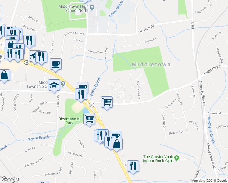 map of restaurants, bars, coffee shops, grocery stores, and more near 901 Knollwood Drive in Middletown