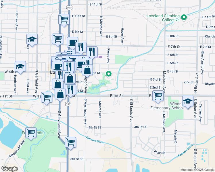 map of restaurants, bars, coffee shops, grocery stores, and more near 224 Monroe Avenue in Loveland