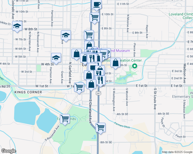 map of restaurants, bars, coffee shops, grocery stores, and more near 201 North Lincoln Avenue in Loveland
