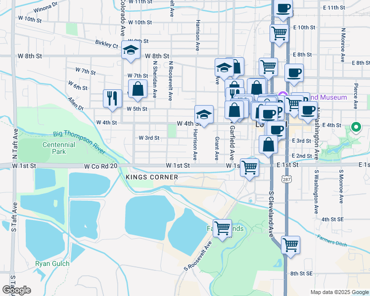 map of restaurants, bars, coffee shops, grocery stores, and more near 460 West 2nd Street in Loveland