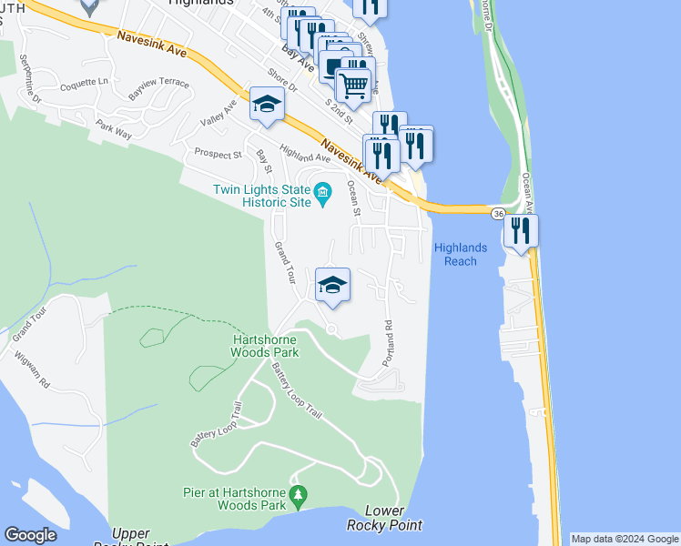 map of restaurants, bars, coffee shops, grocery stores, and more near 3 Grand Tour in Highlands