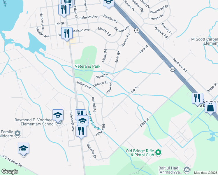 map of restaurants, bars, coffee shops, grocery stores, and more near 8 Pace Street in Old Bridge