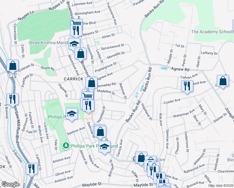 map of restaurants, bars, coffee shops, grocery stores, and more near 156 Madeline Street in Pittsburgh