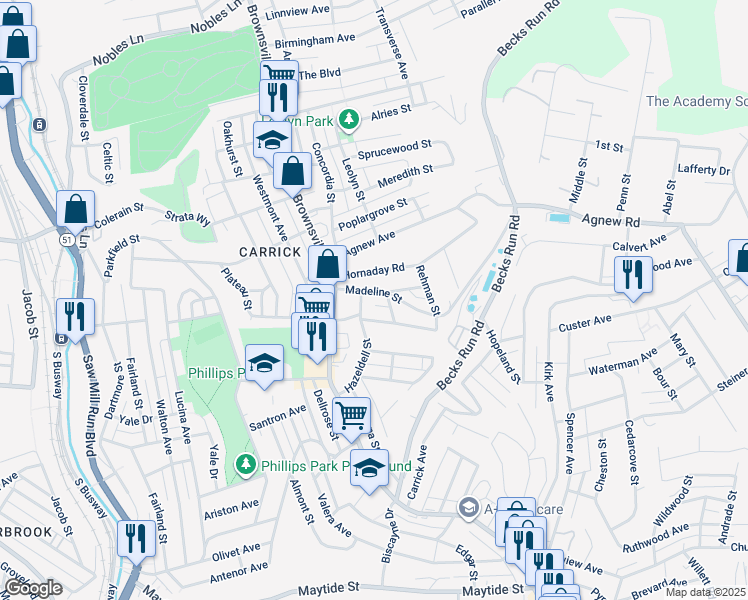 map of restaurants, bars, coffee shops, grocery stores, and more near 115 East Woodford Avenue in Pittsburgh