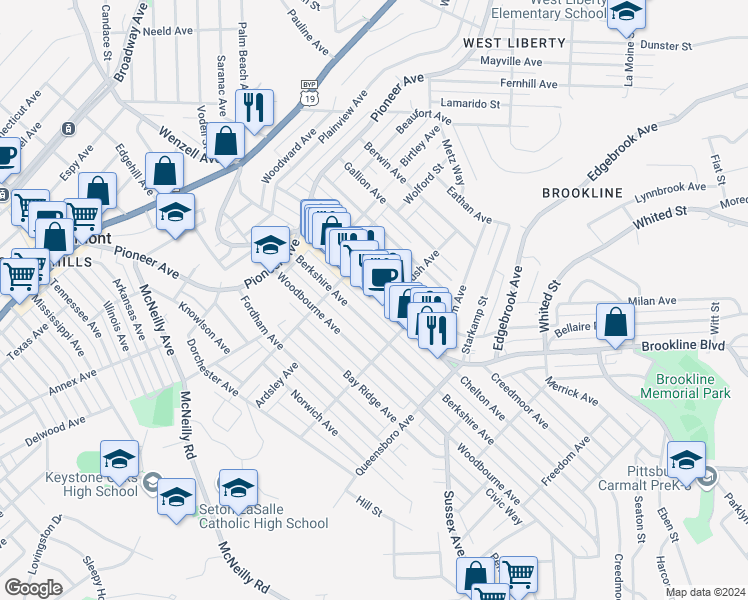 map of restaurants, bars, coffee shops, grocery stores, and more near 738 Brookline Boulevard in Pittsburgh