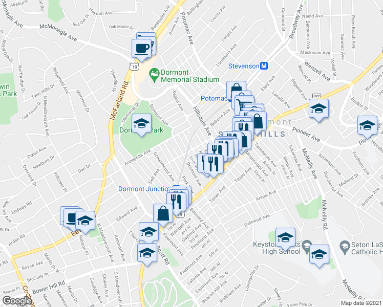 map of restaurants, bars, coffee shops, grocery stores, and more near in Dormont