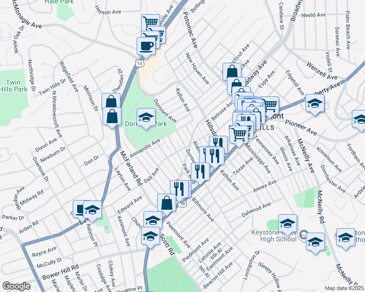 map of restaurants, bars, coffee shops, grocery stores, and more near in Dormont