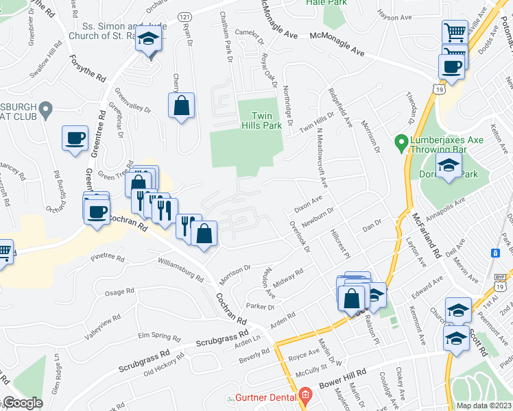map of restaurants, bars, coffee shops, grocery stores, and more near 130 Jamestown Court in Pittsburgh