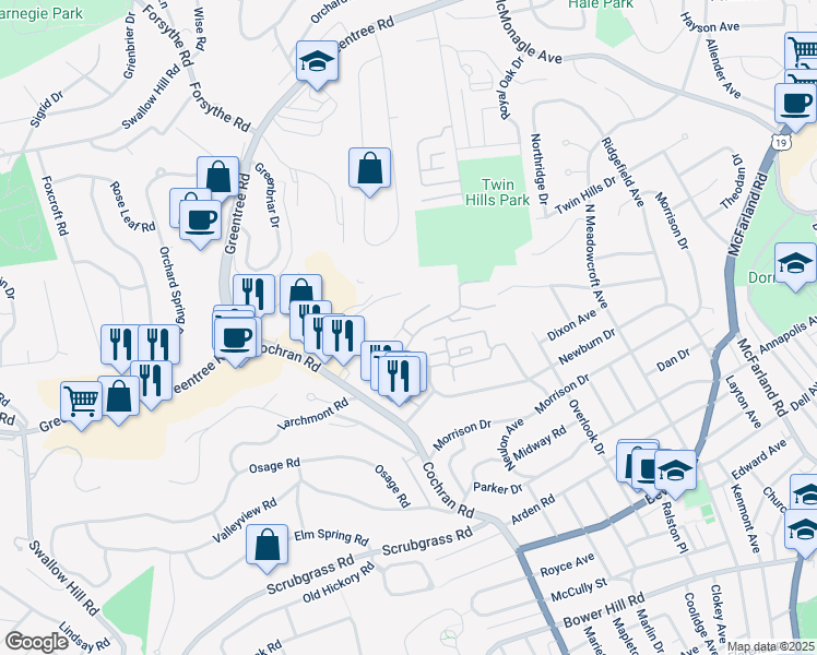 map of restaurants, bars, coffee shops, grocery stores, and more near 1220 Chatham Park Drive in Pittsburgh