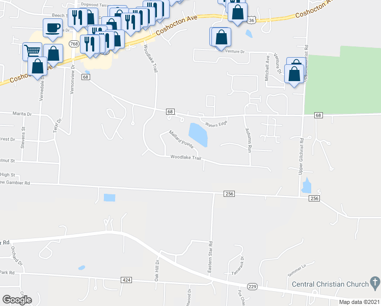 map of restaurants, bars, coffee shops, grocery stores, and more near 44 Woodlake Trail in Mount Vernon