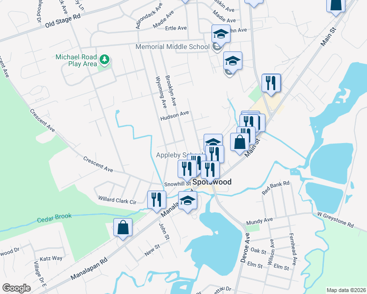 map of restaurants, bars, coffee shops, grocery stores, and more near 73 Brooklyn Avenue in Spotswood