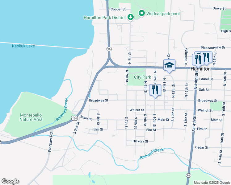 map of restaurants, bars, coffee shops, grocery stores, and more near 511 Broadway Street in Hamilton