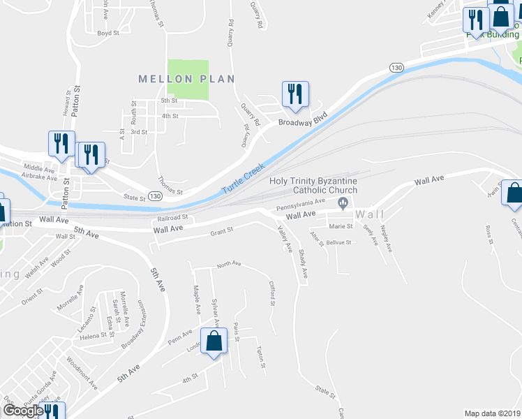 map of restaurants, bars, coffee shops, grocery stores, and more near 376 Wall Avenue in Wilmerding