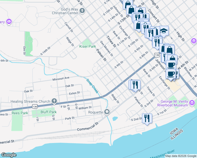 map of restaurants, bars, coffee shops, grocery stores, and more near 812 Ridge Street in Keokuk