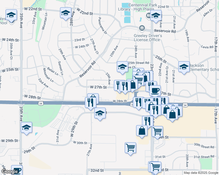 map of restaurants, bars, coffee shops, grocery stores, and more near 2503 27th Street in Greeley
