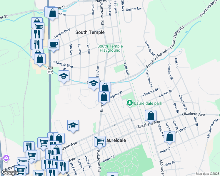 map of restaurants, bars, coffee shops, grocery stores, and more near 1300 Frush Valley Road in Laureldale