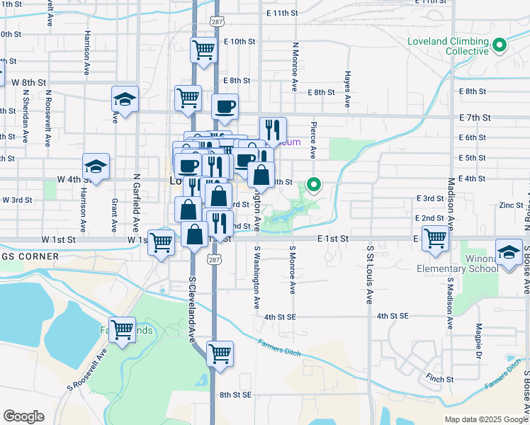 map of restaurants, bars, coffee shops, grocery stores, and more near 322 Adams Avenue in Loveland