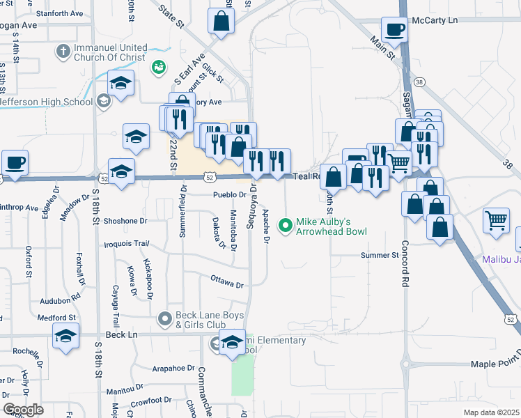 map of restaurants, bars, coffee shops, grocery stores, and more near 2302 Apache Drive in Lafayette