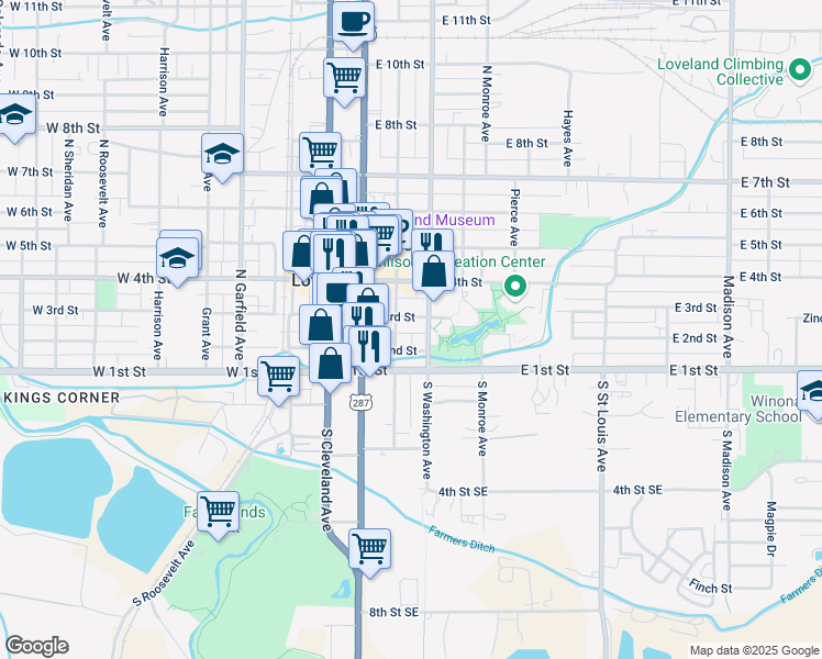 map of restaurants, bars, coffee shops, grocery stores, and more near 203 North Jefferson Avenue in Loveland