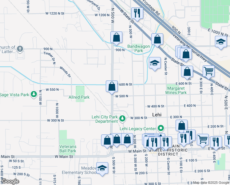 map of restaurants, bars, coffee shops, grocery stores, and more near 540 North 500 West in Lehi