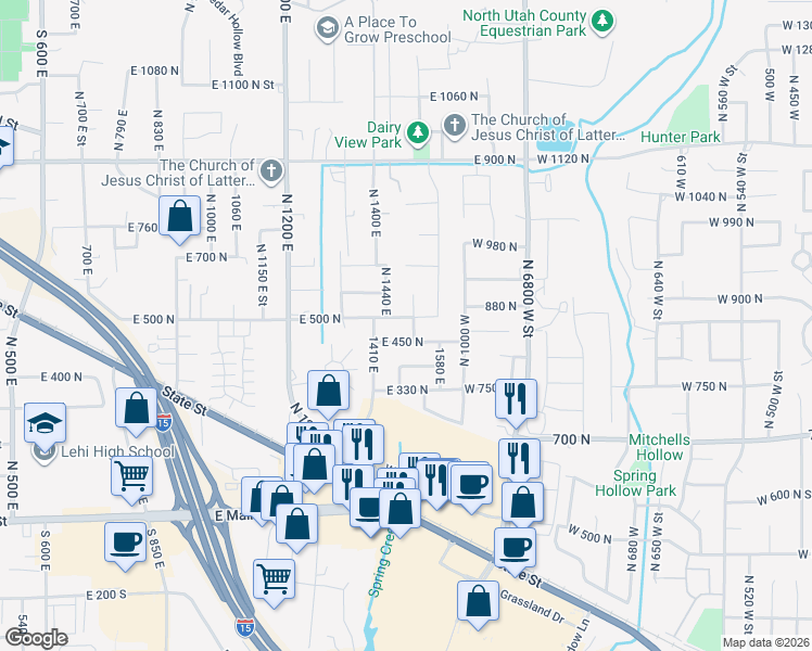 map of restaurants, bars, coffee shops, grocery stores, and more near 499 N 1520 E in Lehi