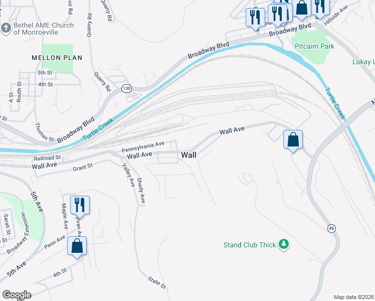 map of restaurants, bars, coffee shops, grocery stores, and more near in Wall
