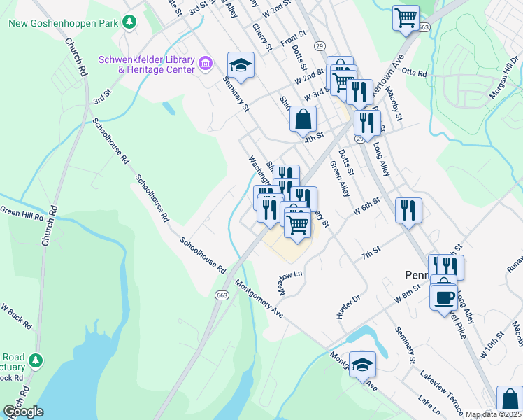 map of restaurants, bars, coffee shops, grocery stores, and more near 440 Jackson Street in Pennsburg