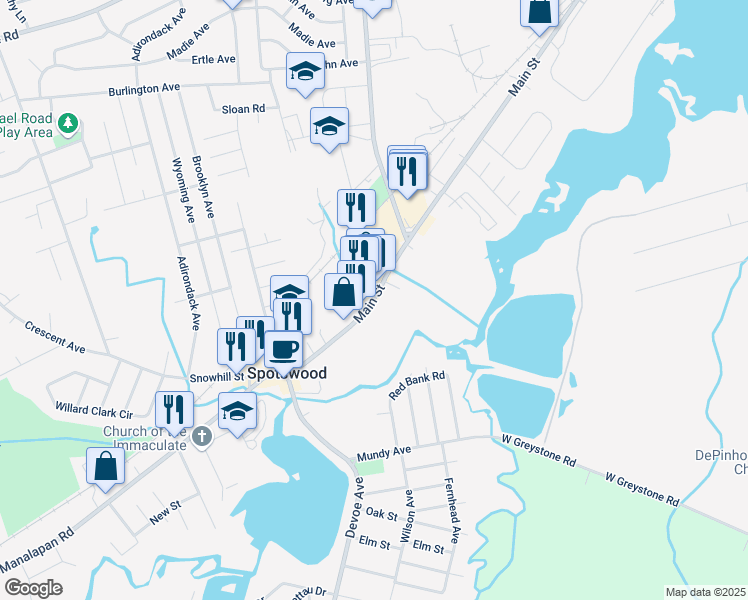 map of restaurants, bars, coffee shops, grocery stores, and more near 427 Main Street in Spotswood