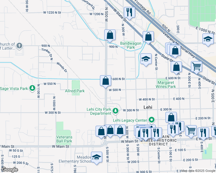 map of restaurants, bars, coffee shops, grocery stores, and more near 540 North 500 West in Lehi