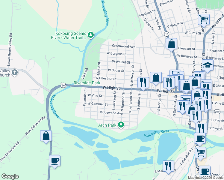 map of restaurants, bars, coffee shops, grocery stores, and more near 912 West High Street in Mount Vernon