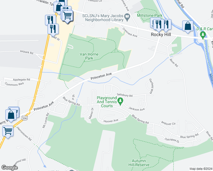map of restaurants, bars, coffee shops, grocery stores, and more near 41 Castleton Road in Princeton