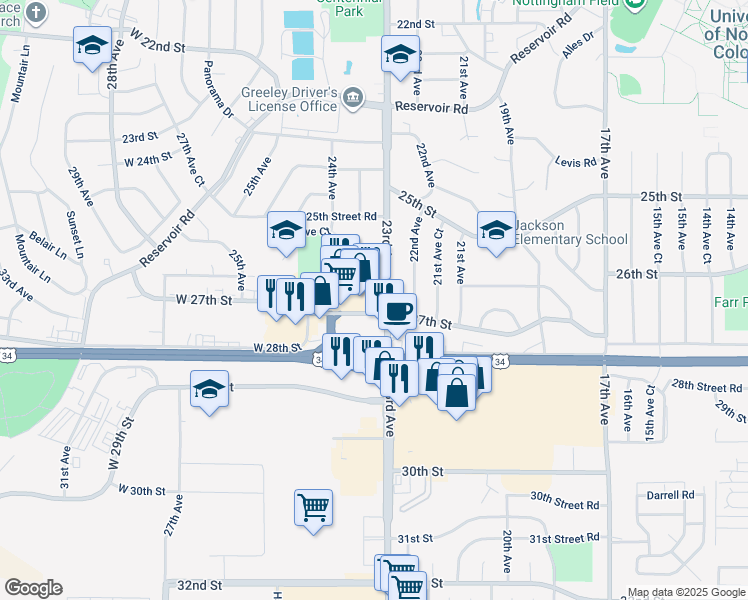 map of restaurants, bars, coffee shops, grocery stores, and more near 2707a 27th Street in Greeley