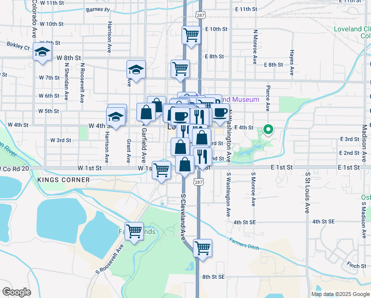 map of restaurants, bars, coffee shops, grocery stores, and more near 143 East 2nd Street in Loveland