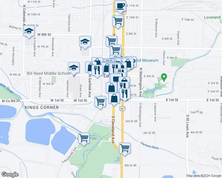 map of restaurants, bars, coffee shops, grocery stores, and more near 143 East 2nd Street in Loveland