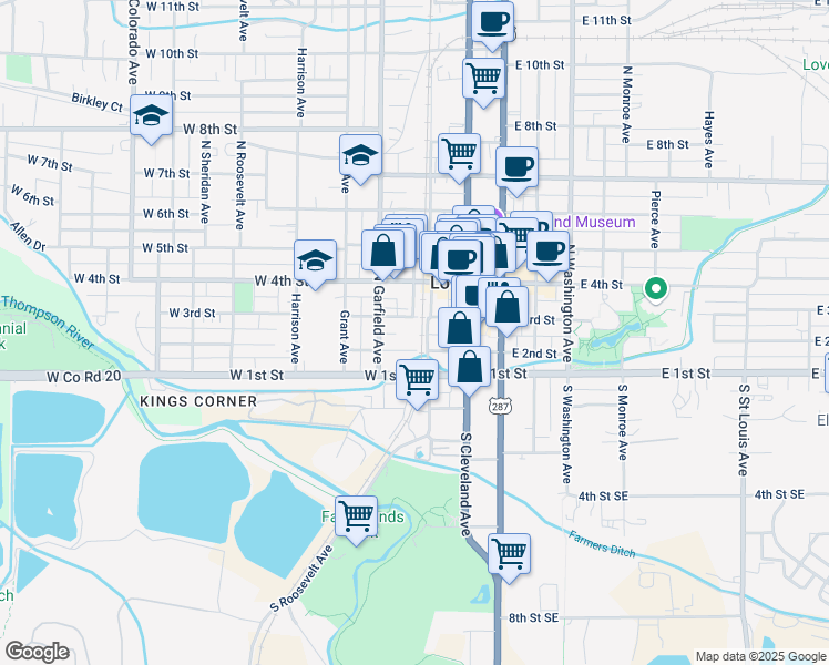 map of restaurants, bars, coffee shops, grocery stores, and more near in Loveland