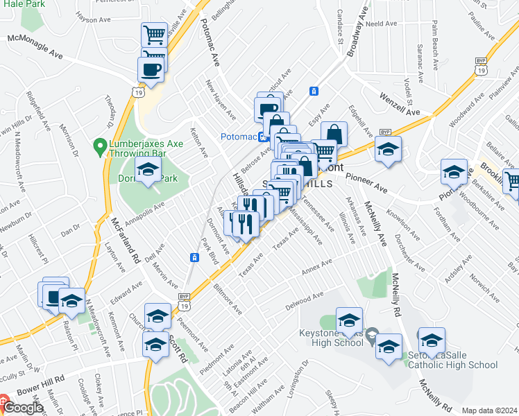 map of restaurants, bars, coffee shops, grocery stores, and more near in Dormont