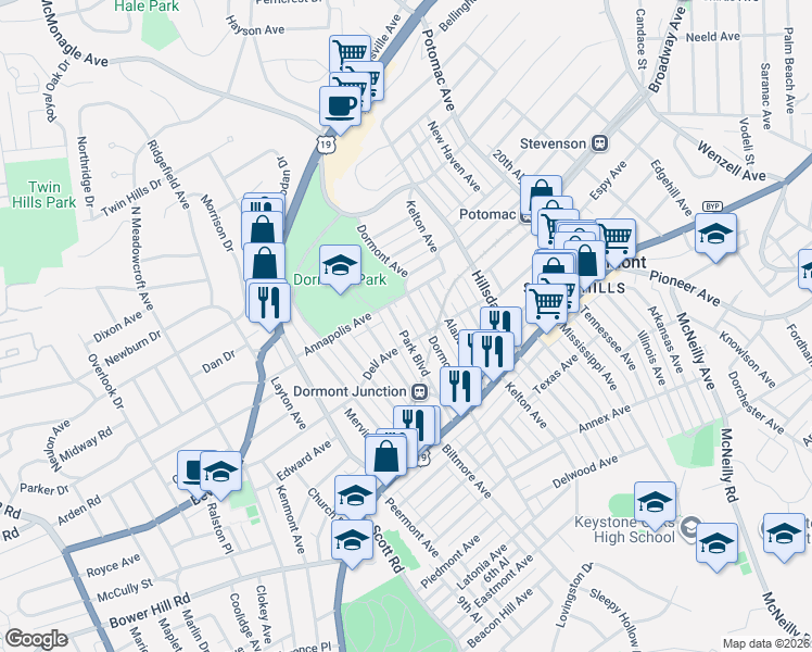 map of restaurants, bars, coffee shops, grocery stores, and more near in Dormont