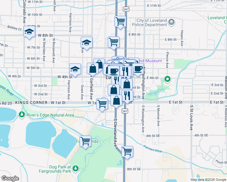 map of restaurants, bars, coffee shops, grocery stores, and more near 143 East 2nd Street in Loveland