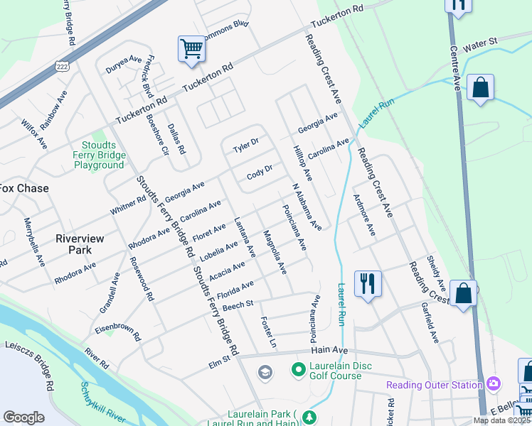 map of restaurants, bars, coffee shops, grocery stores, and more near 601 Lobelia Avenue in Reading