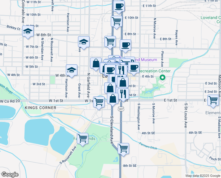 map of restaurants, bars, coffee shops, grocery stores, and more near 227 Cleveland Avenue in Loveland