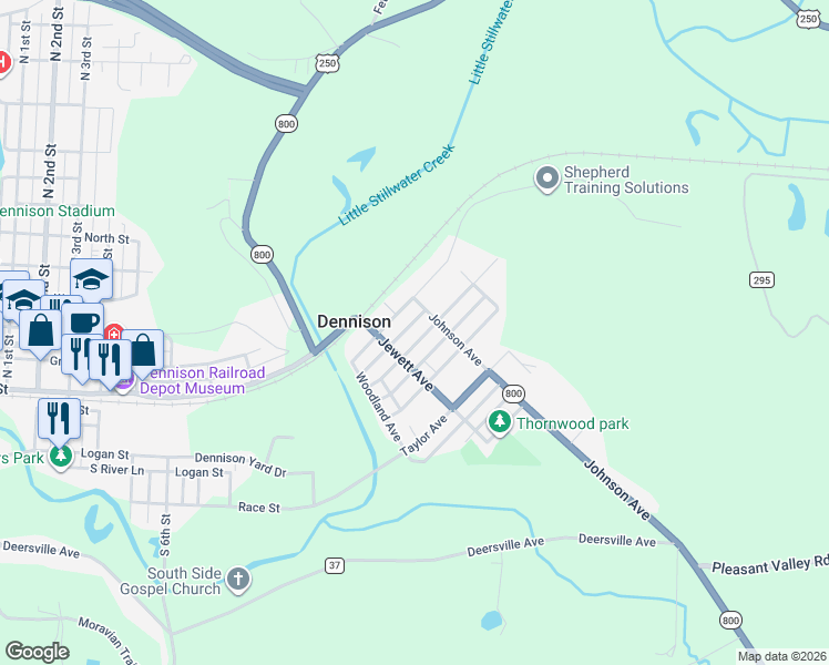 map of restaurants, bars, coffee shops, grocery stores, and more near 205 McCrea Avenue in Dennison