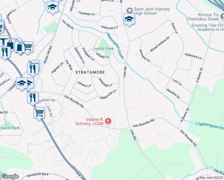 map of restaurants, bars, coffee shops, grocery stores, and more near 103 Idlebrook Lane in Aberdeen Township