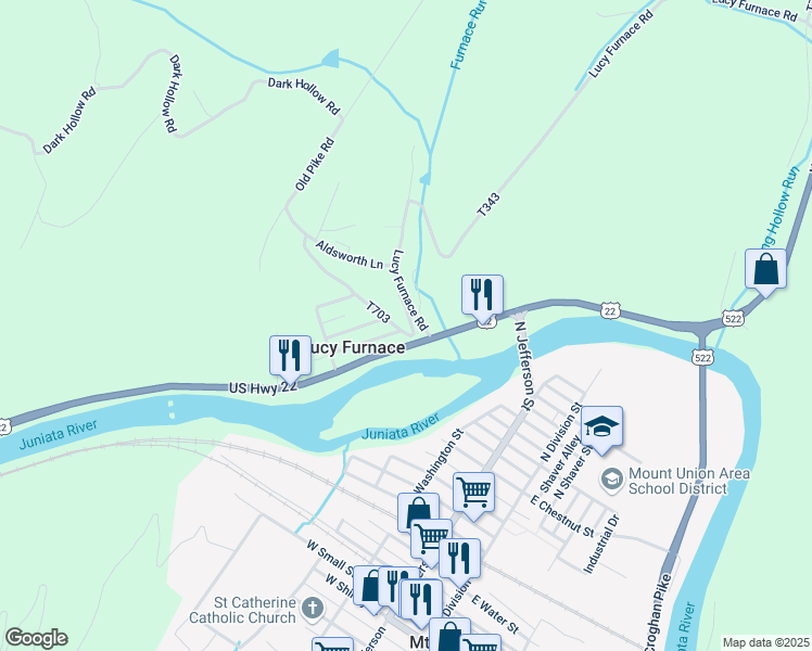 map of restaurants, bars, coffee shops, grocery stores, and more near 144 Pin Oak Lane in Mount Union