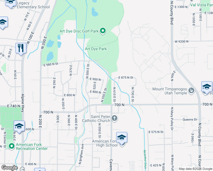 map of restaurants, bars, coffee shops, grocery stores, and more near 815 North 550 East Street in American Fork