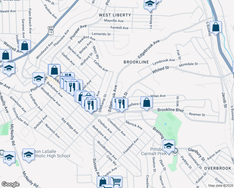 map of restaurants, bars, coffee shops, grocery stores, and more near 2321 Edgebrook Avenue in Pittsburgh