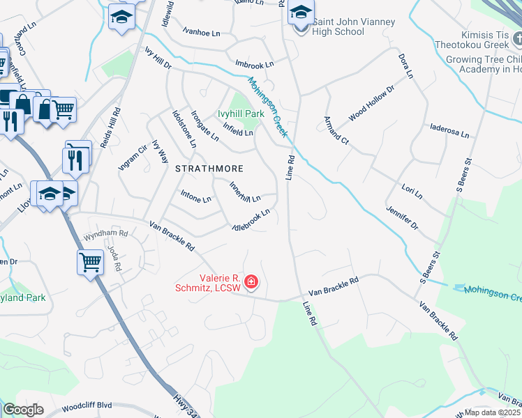 map of restaurants, bars, coffee shops, grocery stores, and more near 103 Idlebrook Lane in Aberdeen Township