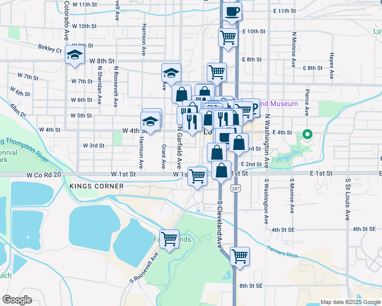 map of restaurants, bars, coffee shops, grocery stores, and more near 140 West 3rd Street in Loveland