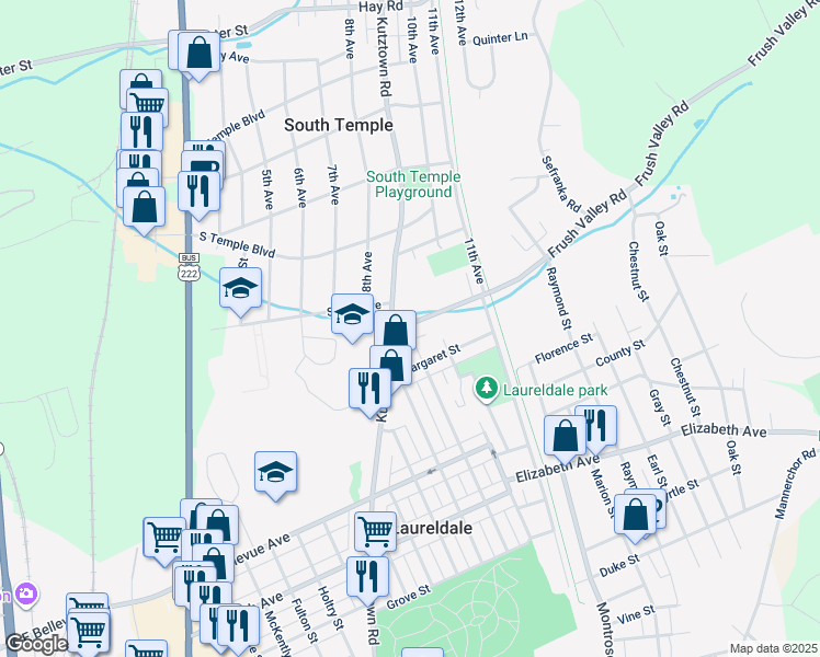 map of restaurants, bars, coffee shops, grocery stores, and more near 1300 Frush Valley Road in Laureldale